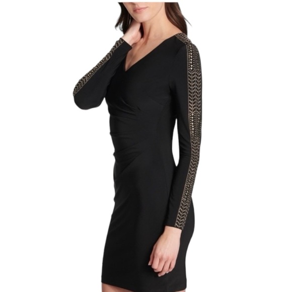 GUESS BodyCon Mini Dress Studded Gold Detail Long Sleeve Y2K 90’s Size 4 Party - Picture 3 of 5